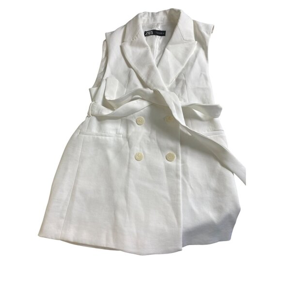 Zara White Double Breasted Belted Vest Coat Women size Medium Capsule Sleeveless - Picture 12 of 16